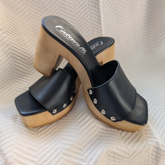 L’Intervalle Platform slide mules Clogs Black Leather with studs Wooden, Sz 38 - Picture 1 of 10